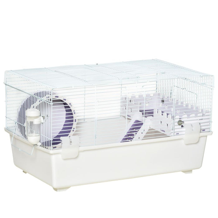 Two-Tier Hamster Cage Gerbil Haven w/Exercise Wheel, Water Bottle, Ladder, White Pawhut