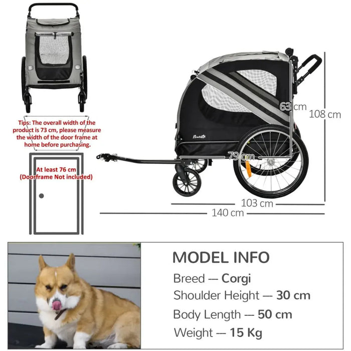 2-In-1 Dog Bike Trailer Pet Stroller with Universal Wheel Reflector Flag Grey UK PET HOUSE