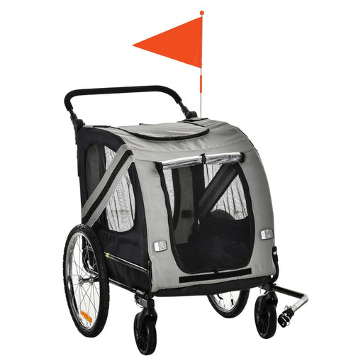 2-In-1 Dog Bike Trailer Pet Stroller with Universal Wheel Reflector Flag Grey UK PET HOUSE