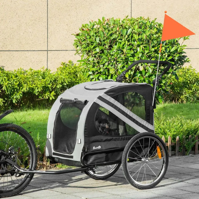 2-In-1 Dog Bike Trailer Pet Stroller with Universal Wheel Reflector Flag Grey UK PET HOUSE