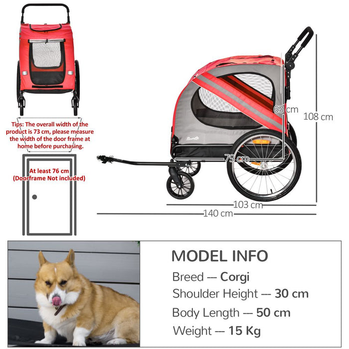 2-In-1 Dog Bike Trailer Stroller w/ Universal Wheel Reflector Flag Red Pawhut UK PET HOUSE