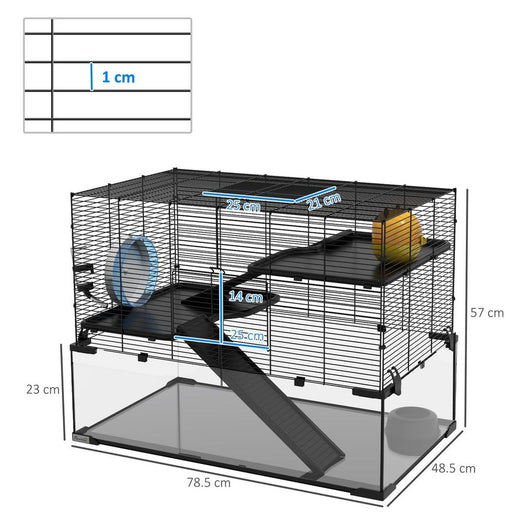 3 Tiers Hamster Cage w/ Deep Glass Bottom, Dish, Hut, 78.5 x 48.5 x 57cm UK PET HOUSE