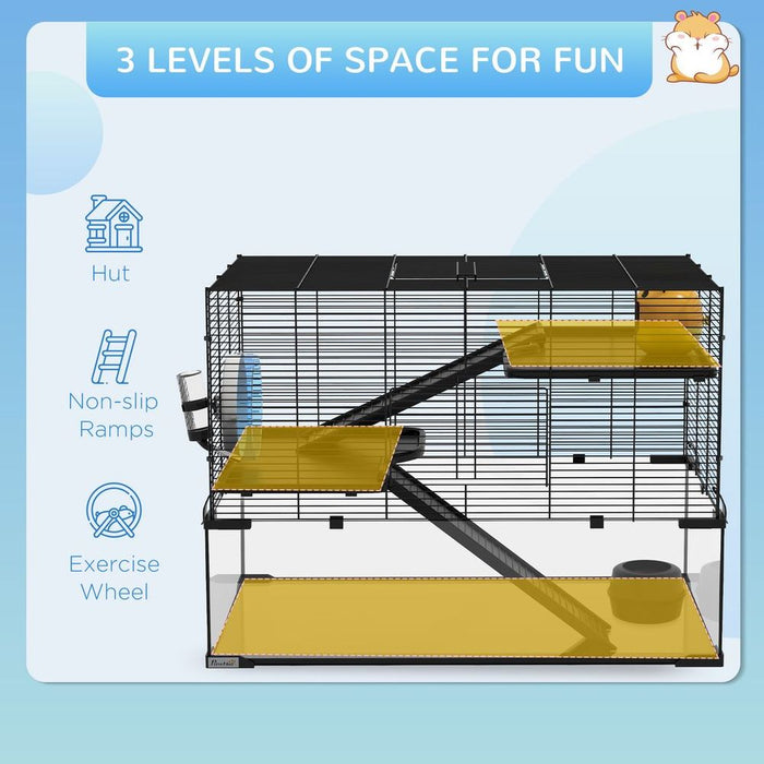 3 Tiers Hamster Cage w/ Deep Glass Bottom, Dish, Hut, 78.5 x 48.5 x 57cm UK PET HOUSE