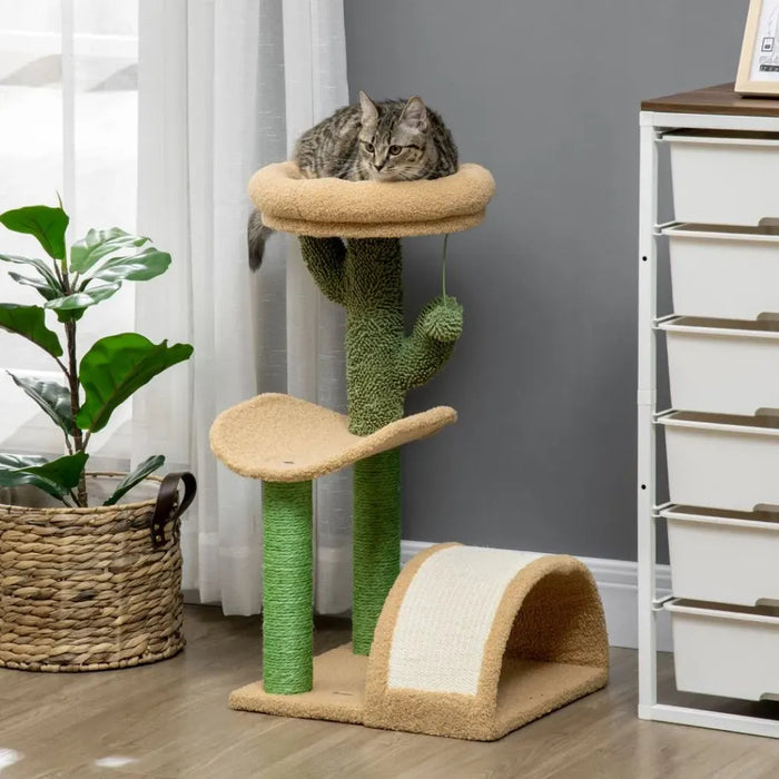 72cm Cat Tree w/ Bed, Toy Ball, Sisal Post, Curved Pad - Beige & Green UK PET HOUSE