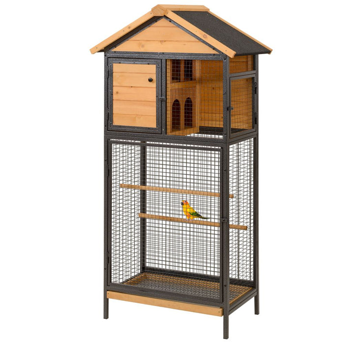 Bird Cage Wood & Steel Aviary w/ Standing Pole, Nest, Slide-Out Tray UK PET HOUSE