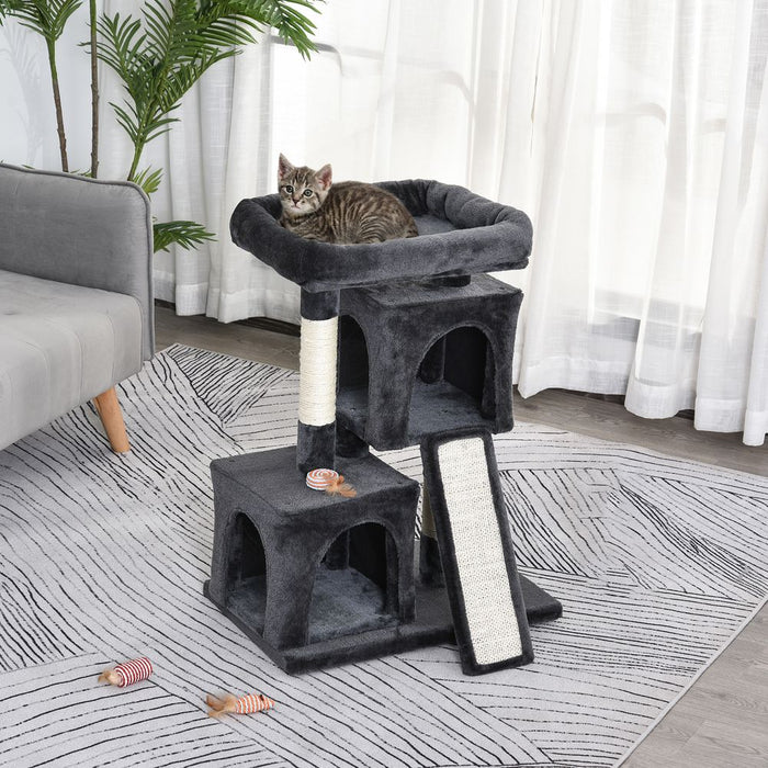 Cat Rest & Play Activity Tree w/ 2 House Perch Scratching Post Black Pawhut UK PET HOUSE