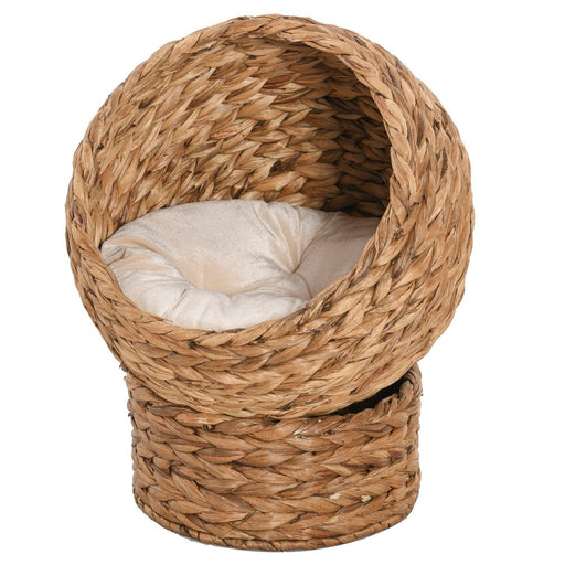 Elevated Kitten Hooded Rattan Basket House W/Cushion - Brown UK PET HOUSE