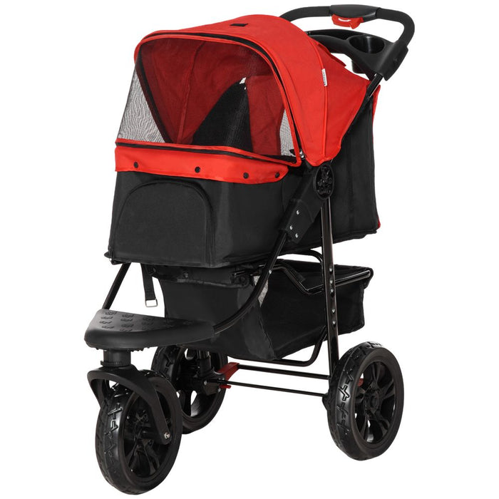 Folding 3 Wheel Pet Stroller Travel Adjustable Canopy Storage Brake Red Pawhut UK PET HOUSE