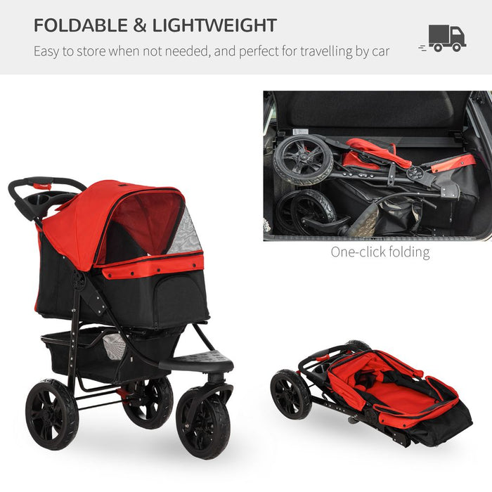 Folding 3 Wheel Pet Stroller Travel Adjustable Canopy Storage Brake Red Pawhut UK PET HOUSE