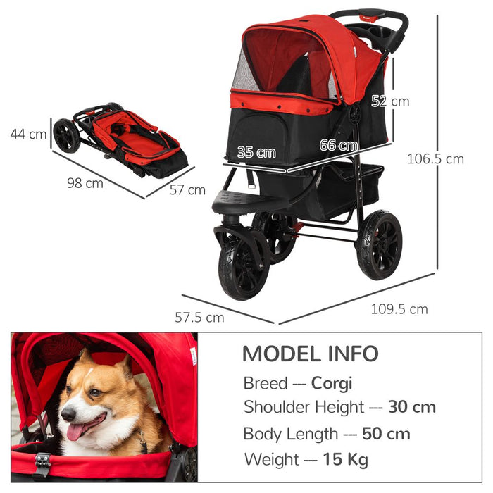 Folding 3 Wheel Pet Stroller Travel Adjustable Canopy Storage Brake Red Pawhut UK PET HOUSE