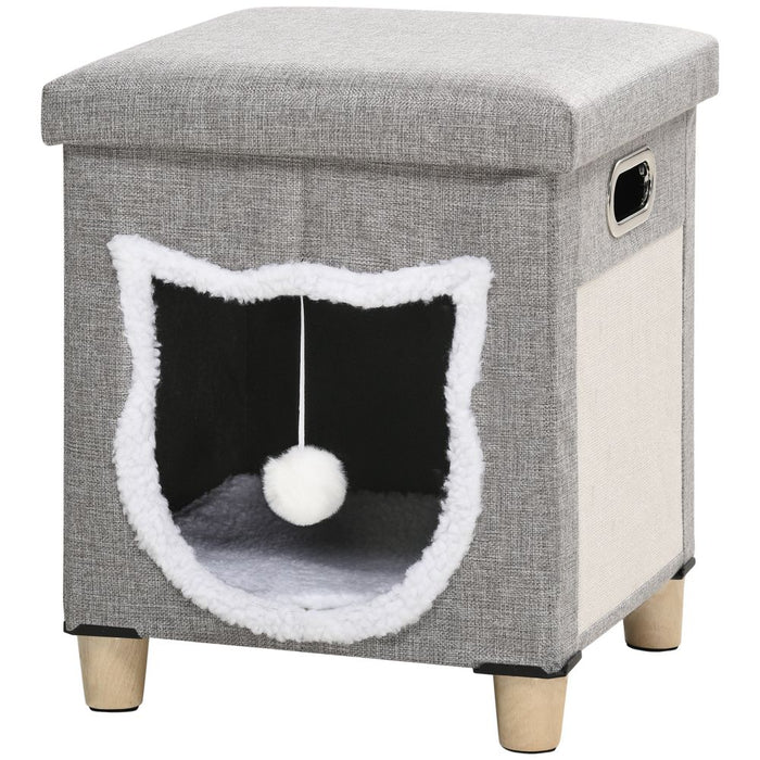 PawHut 2 in 1 Cat Bed Ottoman w/ Removable Cushion, Handles, Scratching Pad UK PET HOUSE