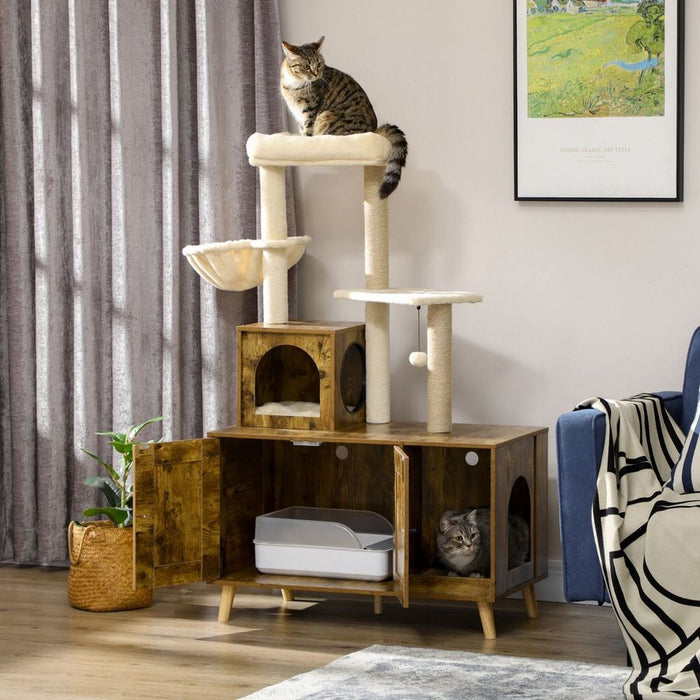 PawHut Litter Box Enclosure with Cat Tree Tower, Hammock, Cushion UK PET HOUSE