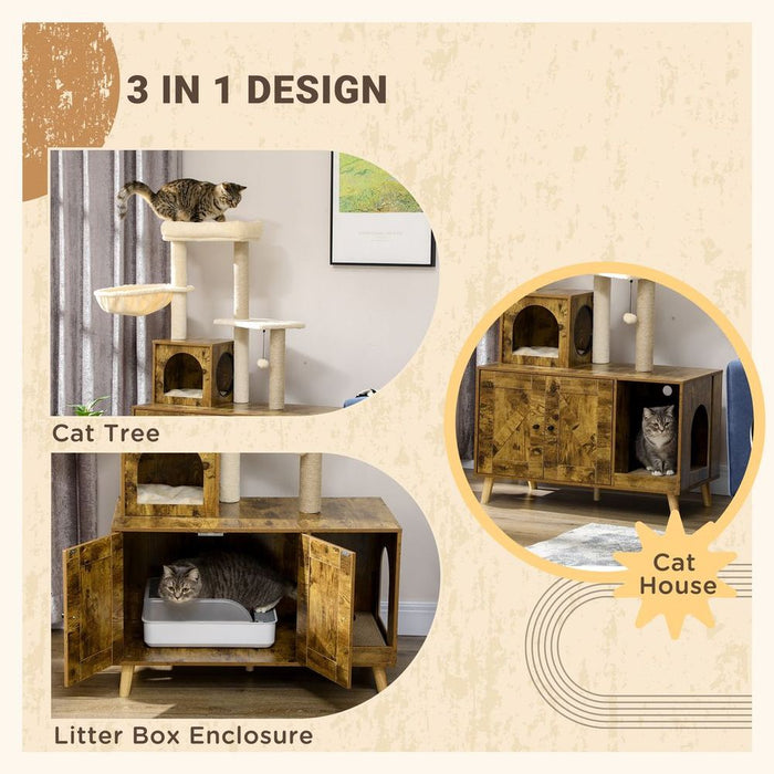 PawHut Litter Box Enclosure with Cat Tree Tower, Hammock, Cushion UK PET HOUSE