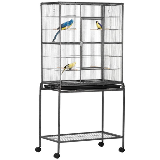 Rolling Bird Cage w/ Detachable Stand, Storage Shelf, Wood Perch, Food Container UK PET HOUSE