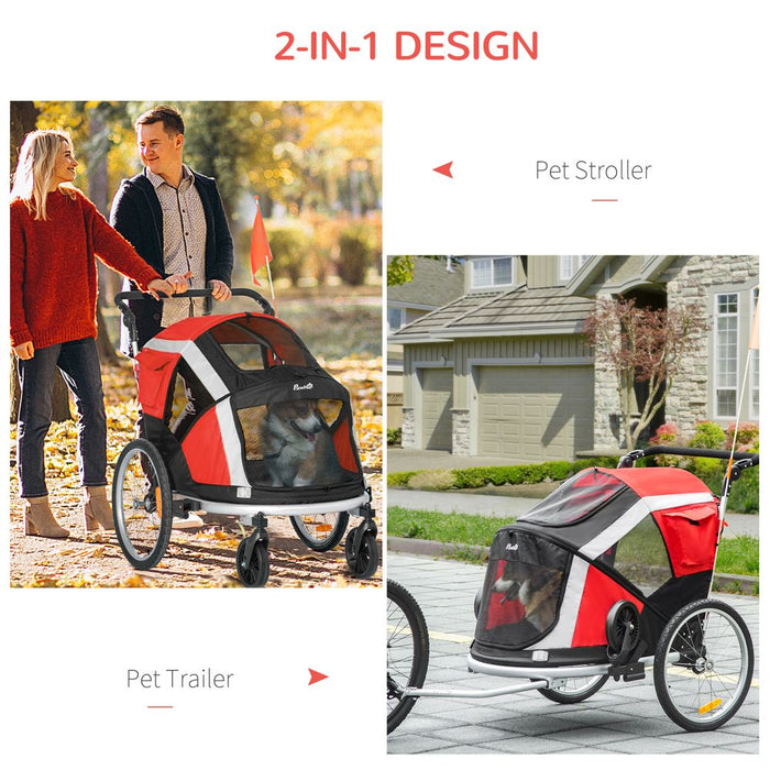 Two-In-One Dog Bicycle Trailer w/ Safety Leash, Reflectors - Red Pawhut UK PET HOUSE