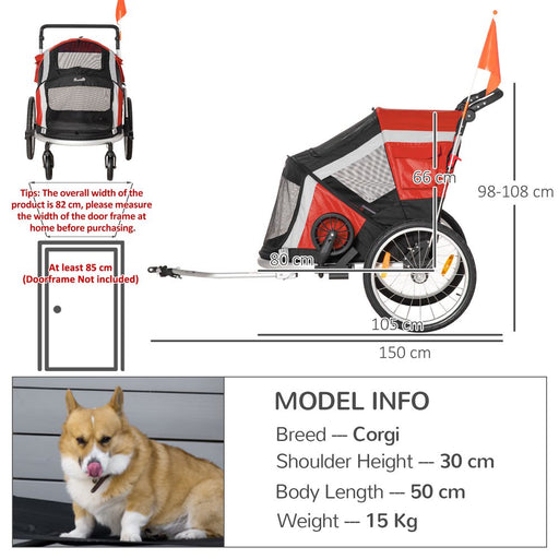 Two-In-One Dog Bicycle Trailer w/ Safety Leash, Reflectors - Red Pawhut UK PET HOUSE