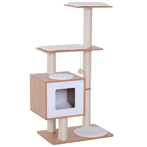 Wood Cat Tree Tower Scratching Post Kitten Activity Centre w/ Cushion Pawhut UK PET HOUSE