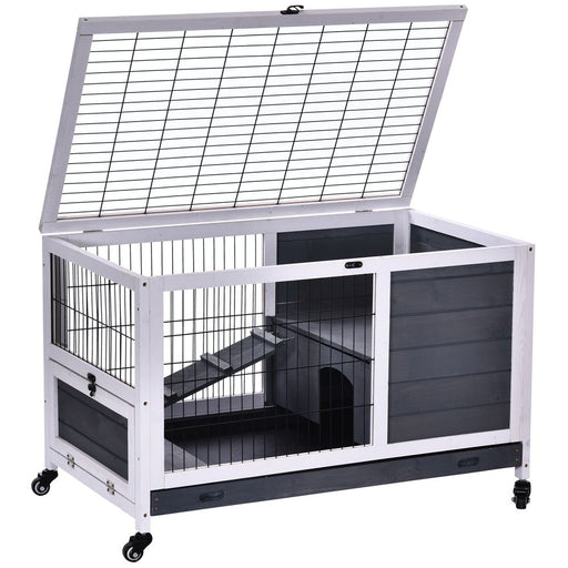 Wood Indoor Rabbit Hutch Elevated 2-Floor Guineas Pigs Cage w/ Wheels Pawhut UK PET HOUSE