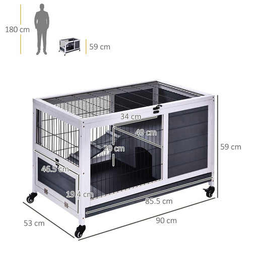 Wood Indoor Rabbit Hutch Elevated 2-Floor Guineas Pigs Cage w/ Wheels Pawhut UK PET HOUSE