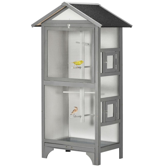 Wooden Bird Aviary for Finch, Canary w/ Removable Tray, Asphalt Roof - Grey UK PET HOUSE