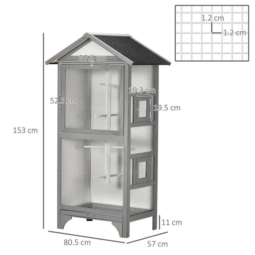 Wooden Bird Aviary for Finch, Canary w/ Removable Tray, Asphalt Roof - Grey UK PET HOUSE