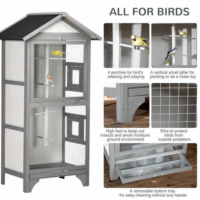 Wooden Bird Aviary for Finch, Canary w/ Removable Tray, Asphalt Roof - Grey UK PET HOUSE