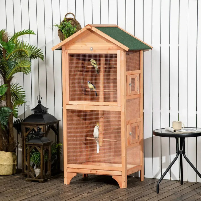 Wooden Bird Aviary for Finch, Canary w/ Removable Tray, Asphalt Roof - Orange UK PET HOUSE