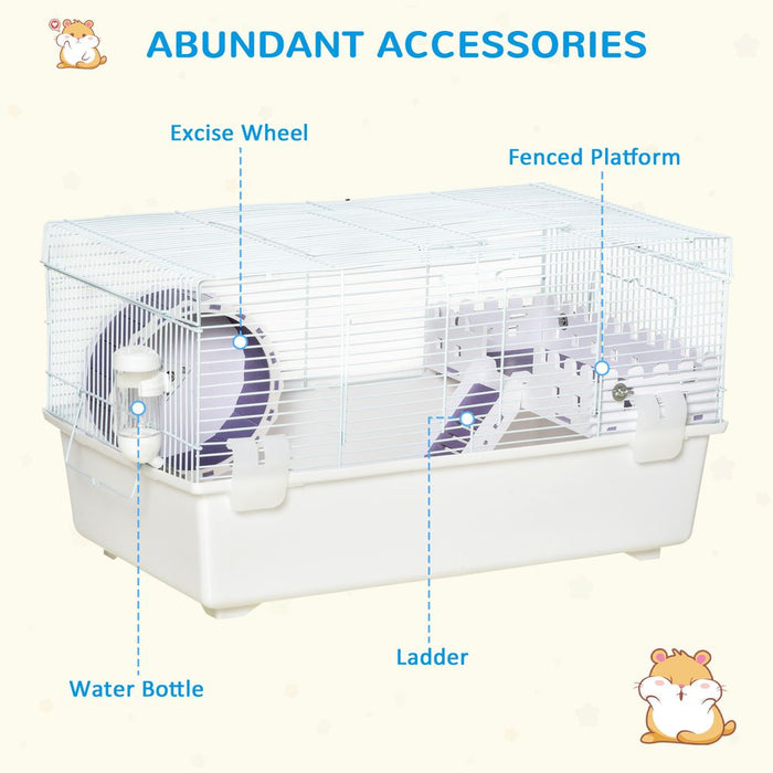 Two-Tier Hamster Cage Gerbil Haven w/Exercise Wheel, Water Bottle, Ladder, White