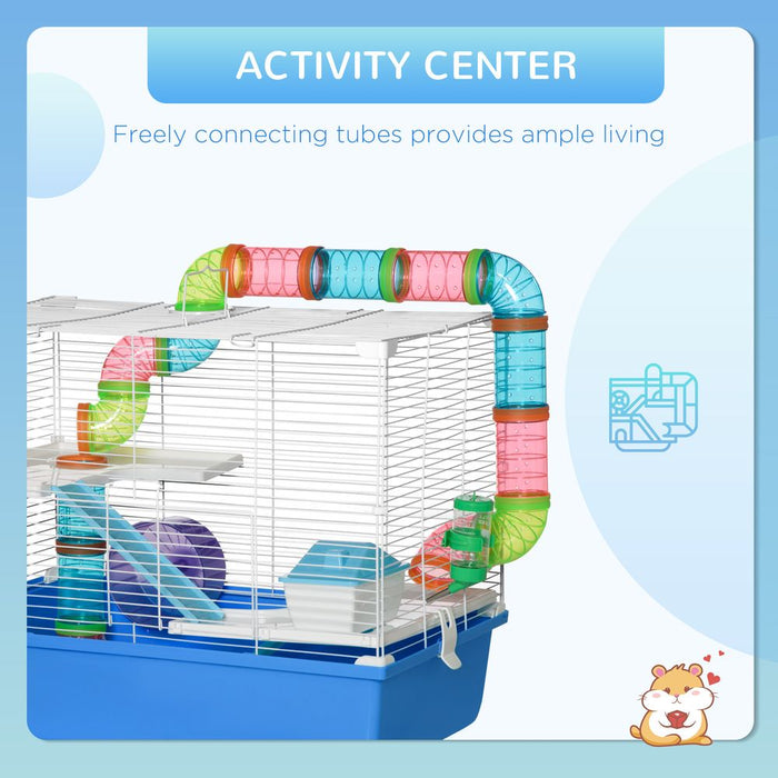 Hamster Cage Rodents House w/ Tubes Exercise Wheel, Water Bottle -  Blue